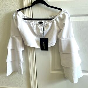 PLT White long ruffled sleeve crop top